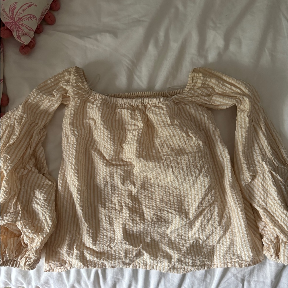 Petersyn seersucker puff sleeve off shoulder top blouse yellow orange
